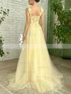 A-line Square Neckline Tulle Floor-length Prom Dresses With Sashes / Ribbons #Favs020113733