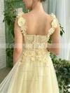 A-line Square Neckline Tulle Floor-length Prom Dresses With Sashes / Ribbons #Favs020113733