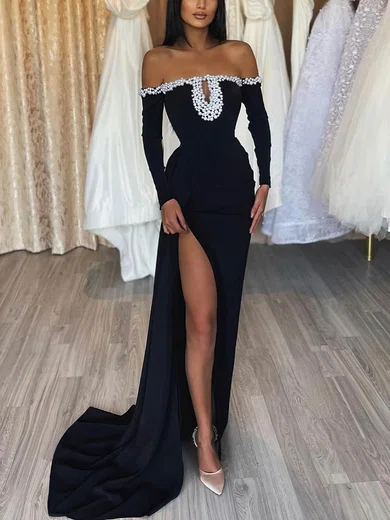 Sheath/Column Off-the-shoulder Jersey Sweep Train Prom Dresses With Split Front #Favs020113735