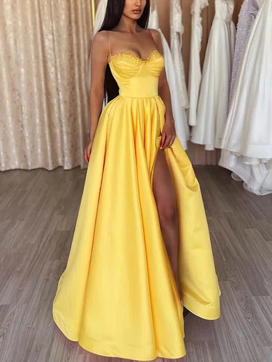 A-line Sweetheart Satin Floor-length Prom Dresses With Beading #Favs020113742