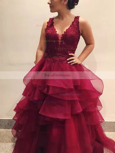 Princess V-neck Tulle Floor-length Prom Dresses With Appliques Lace #Favs020113766