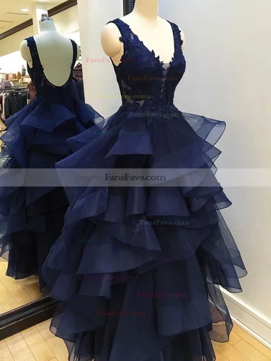 Princess V-neck Tulle Floor-length Prom Dresses With Appliques Lace #Favs020113766