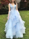 Princess V-neck Tulle Floor-length Prom Dresses With Appliques Lace #Favs020113766