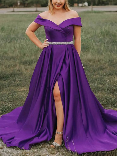 A-line Off-the-shoulder Satin Sweep Train Prom Dresses With Split Front #Favs020113780