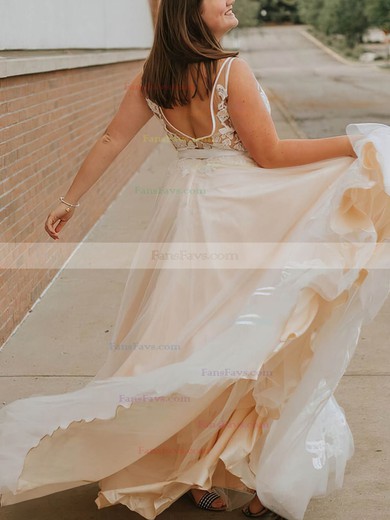 Princess V-neck Tulle Floor-length Prom Dresses With Appliques Lace #Favs020113781