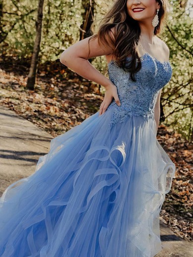 A-line Strapless Tulle Sweep Train Prom Dresses With Appliques Lace #Favs020113788