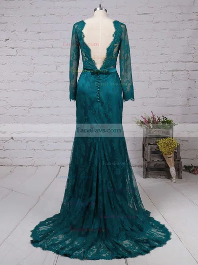 Trumpet/Mermaid Scoop Neck Lace Sweep Train Bow Prom Dresses #Favs020102175