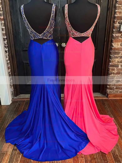 Sheath/Column V-neck Jersey Sweep Train Prom Dresses With Beading #Favs020113829