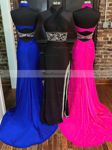 Sheath/Column Halter Jersey Sweep Train Prom Dresses With Split Front #Favs020113830
