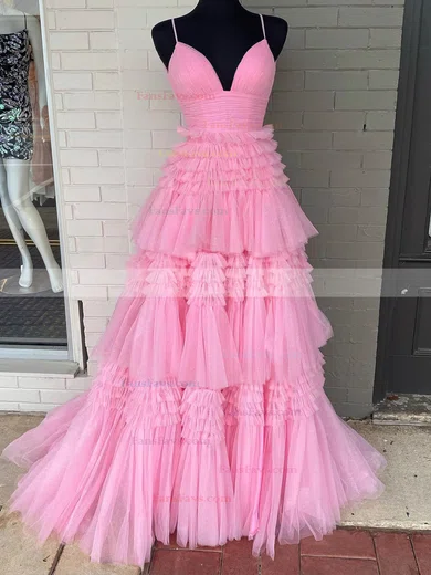 A-line V-neck Tulle Glitter Sweep Train Prom Dresses With Tiered #Favs020113833