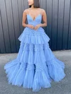 A-line V-neck Tulle Glitter Sweep Train Prom Dresses With Tiered #Favs020113833