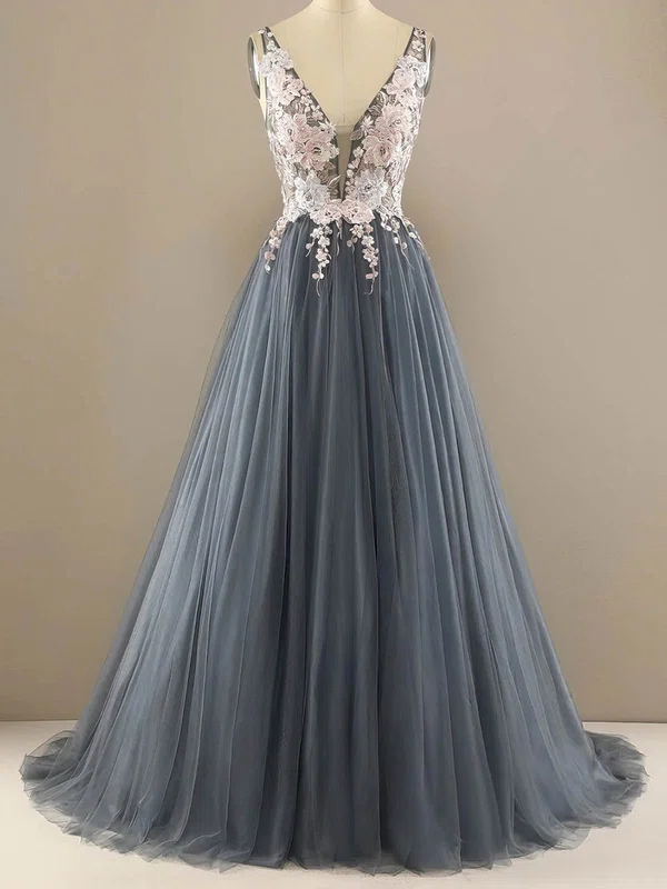 A-line V-neck Tulle Sweep Train Prom Dresses With Appliques Lace #Favs020113842