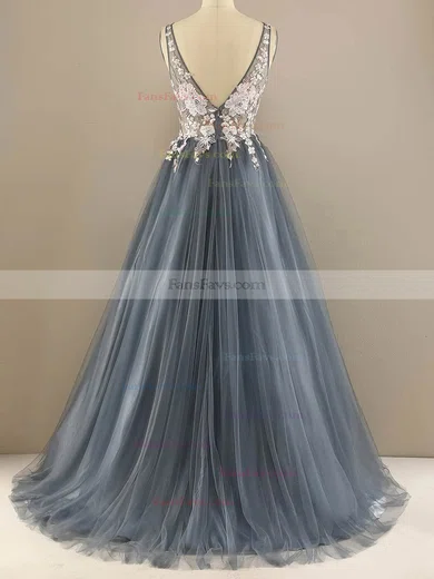 A-line V-neck Tulle Sweep Train Prom Dresses With Appliques Lace #Favs020113842