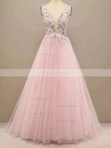 A-line V-neck Tulle Sweep Train Prom Dresses With Appliques Lace #Favs020113842