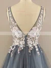 A-line V-neck Tulle Sweep Train Prom Dresses With Appliques Lace #Favs020113842