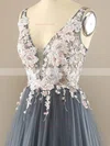 A-line V-neck Tulle Sweep Train Prom Dresses With Appliques Lace #Favs020113842