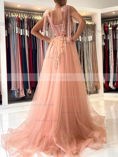 A-line V-neck Tulle Sweep Train Prom Dresses With Split Front #Favs020113844