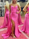 Sheath/Column V-neck Silk-like Satin Sweep Train Prom Dresses With Split Front #Favs020113852