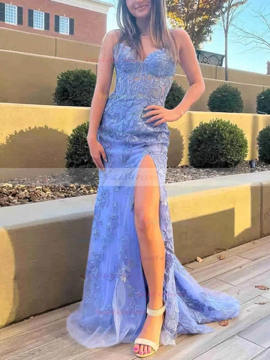 Sheath/Column Sweetheart Tulle Sweep Train Prom Dresses With Appliques Lace #Favs020113853