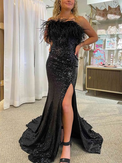 Sheath/Column Strapless Sequined Sweep Train Prom Dresses With Feathers / Fur #Favs020113860