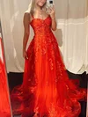 A-line Sweetheart Tulle Sweep Train Prom Dresses With Appliques Lace #Favs020113861
