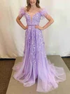 A-line Off-the-shoulder Tulle Sweep Train Prom Dresses With Feathers / Fur #Favs020113868