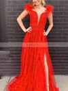 A-line Off-the-shoulder Tulle Sweep Train Prom Dresses With Feathers / Fur #Favs020113868