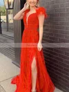 A-line Off-the-shoulder Tulle Sweep Train Prom Dresses With Feathers / Fur #Favs020113868