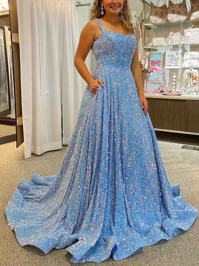 A-line Scoop Neck Sequined Sweep Train Prom Dresses With Pockets #Favs020113875