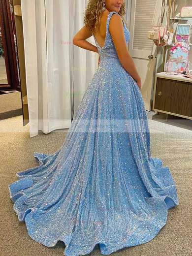 A-line Scoop Neck Sequined Sweep Train Prom Dresses With Pockets #Favs020113875