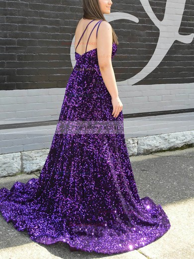 A-line One Shoulder Sequined Sweep Train Prom Dresses With Pockets #Favs020113880