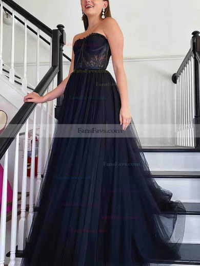 A-line Sweetheart Lace Tulle Sweep Train Prom Dresses #Favs020113889