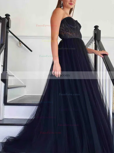 A-line Sweetheart Lace Tulle Sweep Train Prom Dresses #Favs020113889