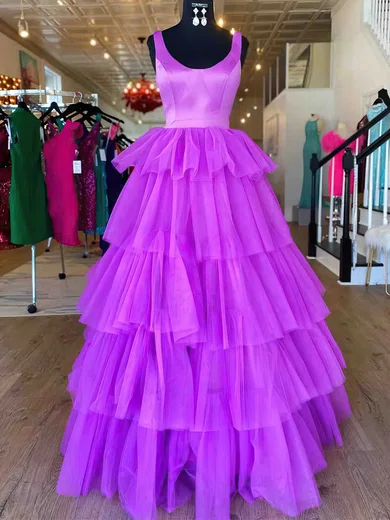 A-line Scoop Neck Tulle Floor-length Prom Dresses With Tiered #Favs020113891