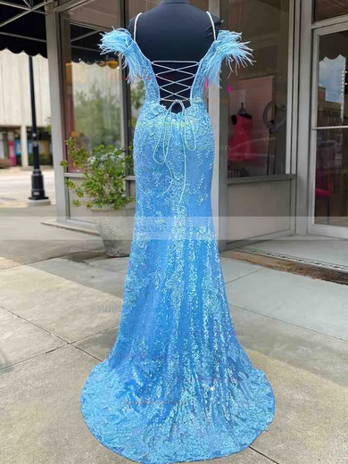 Sheath/Column Off-the-shoulder Lace Sweep Train Prom Dresses With Feathers / Fur #Favs020113892