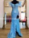 Sheath/Column Off-the-shoulder Lace Sweep Train Prom Dresses With Feathers / Fur #Favs020113892