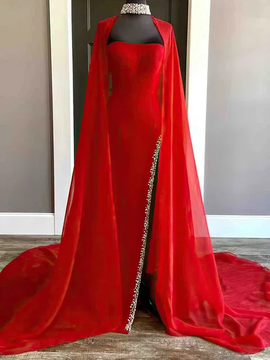 Sheath/Column High Neck Chiffon Stretch Crepe Sweep Train Prom Dresses With Split Front #Favs020113894