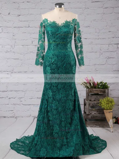 Trumpet/Mermaid Scoop Neck Lace Sweep Train Appliques Lace Prom Dresses #Favs020102176