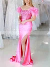 Sheath/Column Off-the-shoulder Silk-like Satin Sweep Train Prom Dresses With Feathers / Fur #Favs020113895