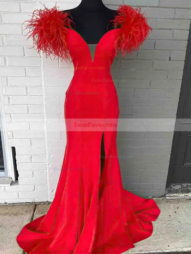 Sheath/Column Off-the-shoulder Stretch Crepe Sweep Train Prom Dresses With Feathers / Fur #Favs020113896