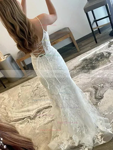 Trumpet/Mermaid Scoop Neck Tulle Sweep Train Prom Dresses With Appliques Lace #Favs020113904