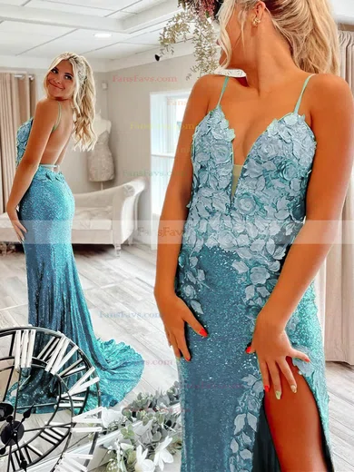 Sheath/Column V-neck Sequined Sweep Train Prom Dresses With Split Front #Favs020113930