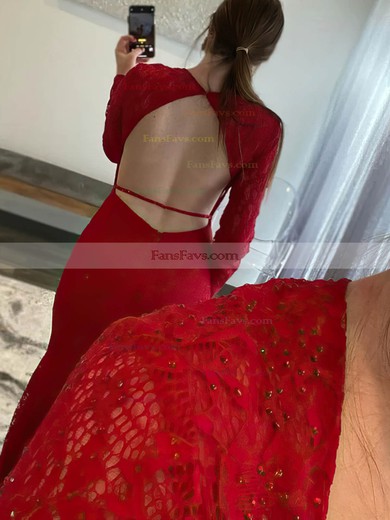 Trumpet/Mermaid V-neck Lace Sweep Train Prom Dresses With Beading #Favs020113934