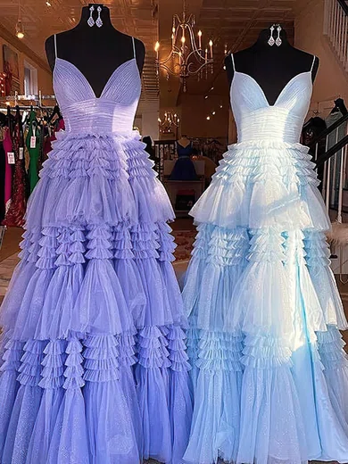 A-line V-neck Glitter Sweep Train Prom Dresses With Tiered #Favs020113960