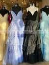 A-line V-neck Glitter Sweep Train Prom Dresses With Tiered #Favs020113960