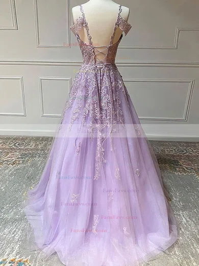 A-line Off-the-shoulder Tulle Glitter Sweep Train Prom Dresses With Appliques Lace #Favs020114002