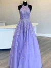A-line Halter Tulle Floor-length Prom Dresses With Appliques Lace #Favs020114003