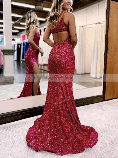 Sheath/Column One Shoulder Sequined Sweep Train Prom Dresses With Split Front #Favs020114019