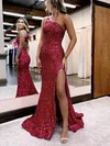 Sheath/Column One Shoulder Sequined Sweep Train Prom Dresses With Split Front #Favs020114019