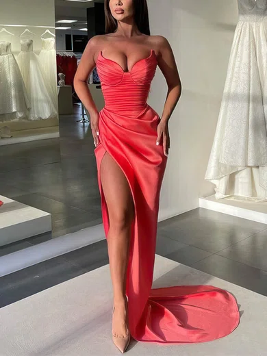 Sheath/Column V-neck Silk-like Satin Sweep Train Prom Dresses With Split Front #Favs020114031